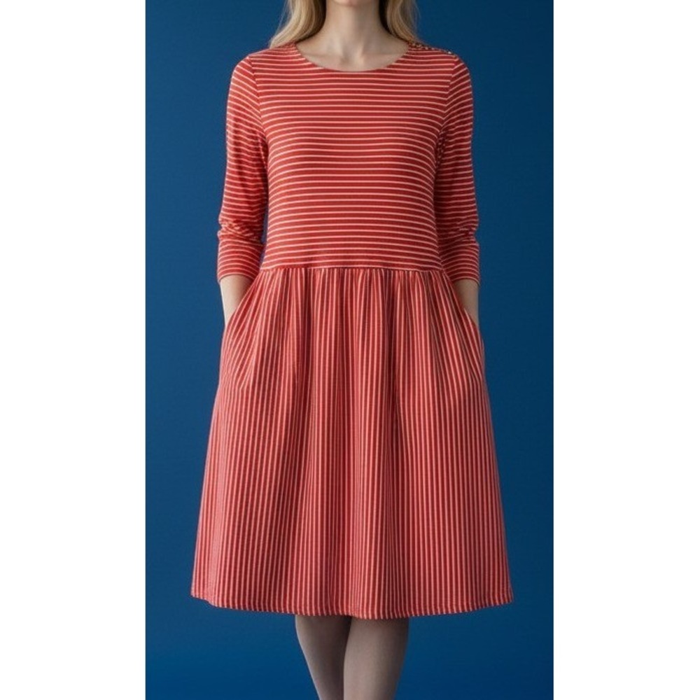 Boden Janie Breton Fit Flare Dress Size 12 Red Striped Pockets Zip Shoulder 3/4